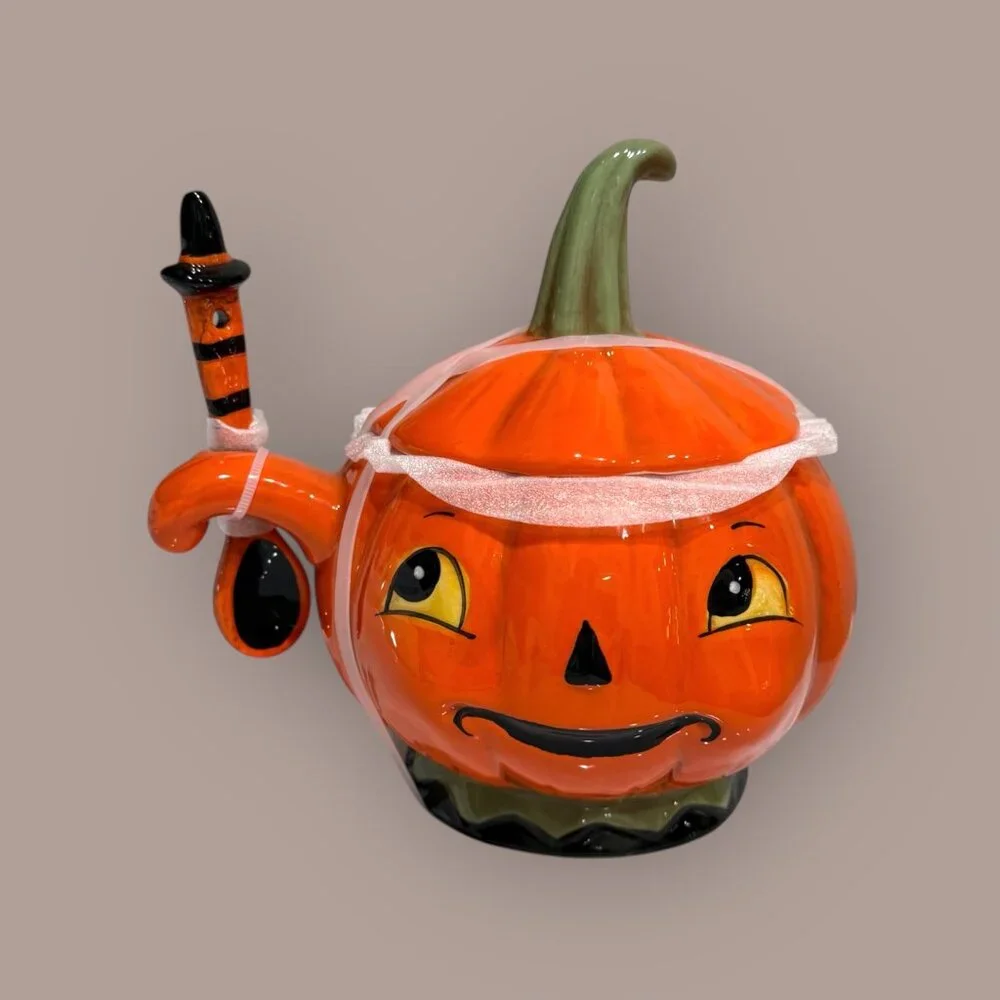 Johanna Parker Halloween Pumpkin Covered Candy Bowl With Spoon NEW